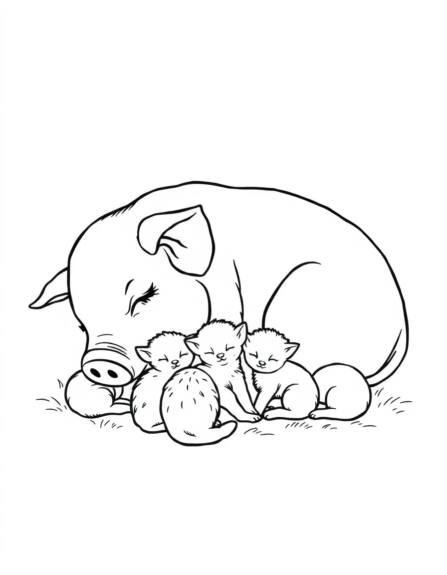 A pig curled up asleep with kittens nearby