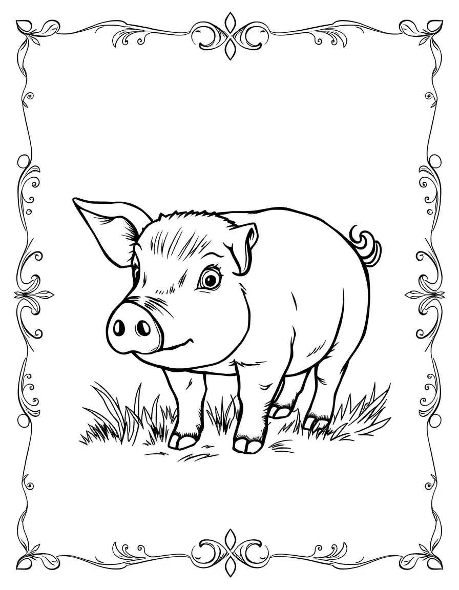 A pig with ornate decorative borders surrounding the scene