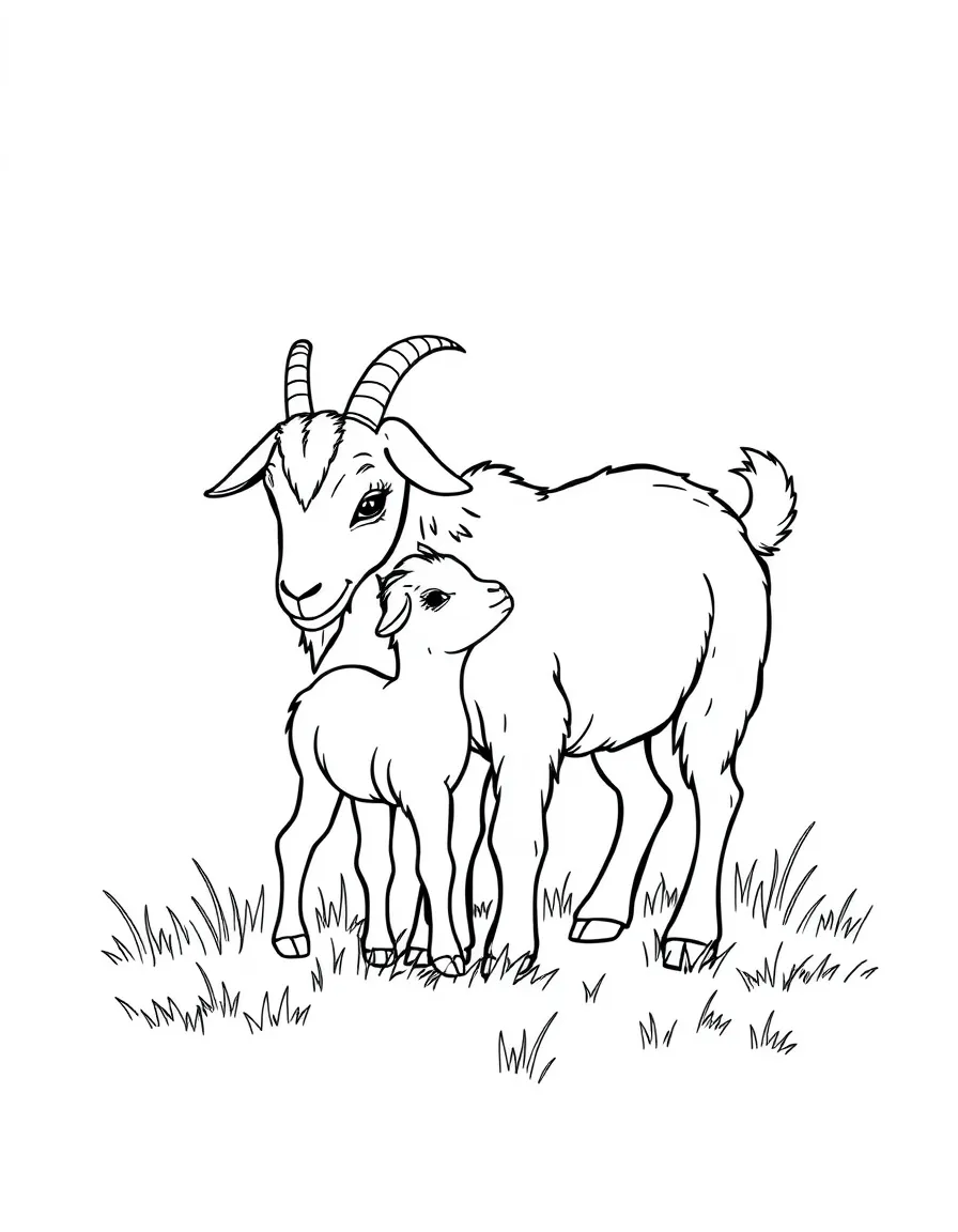 A mother goat nuzzling her kid as they stand in a meadow