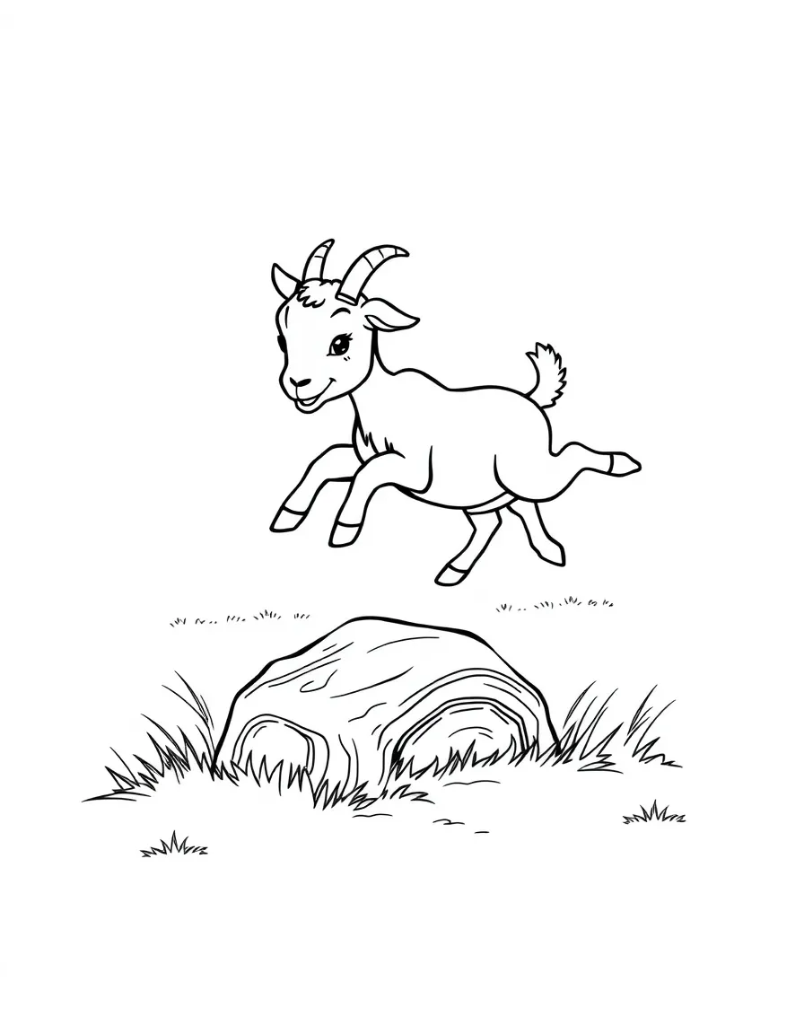 A baby goat leaping playfully over a small log in a field