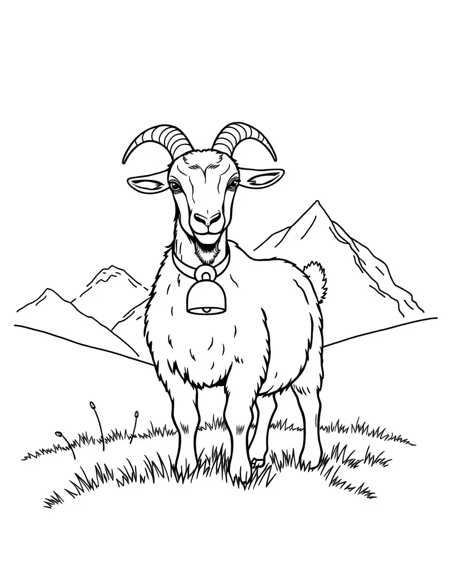 A goat with a bell around its neck standing on an Alpine meadow