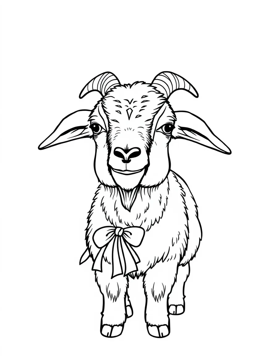 A pygmy goat with decorative ribbons tied in its fur