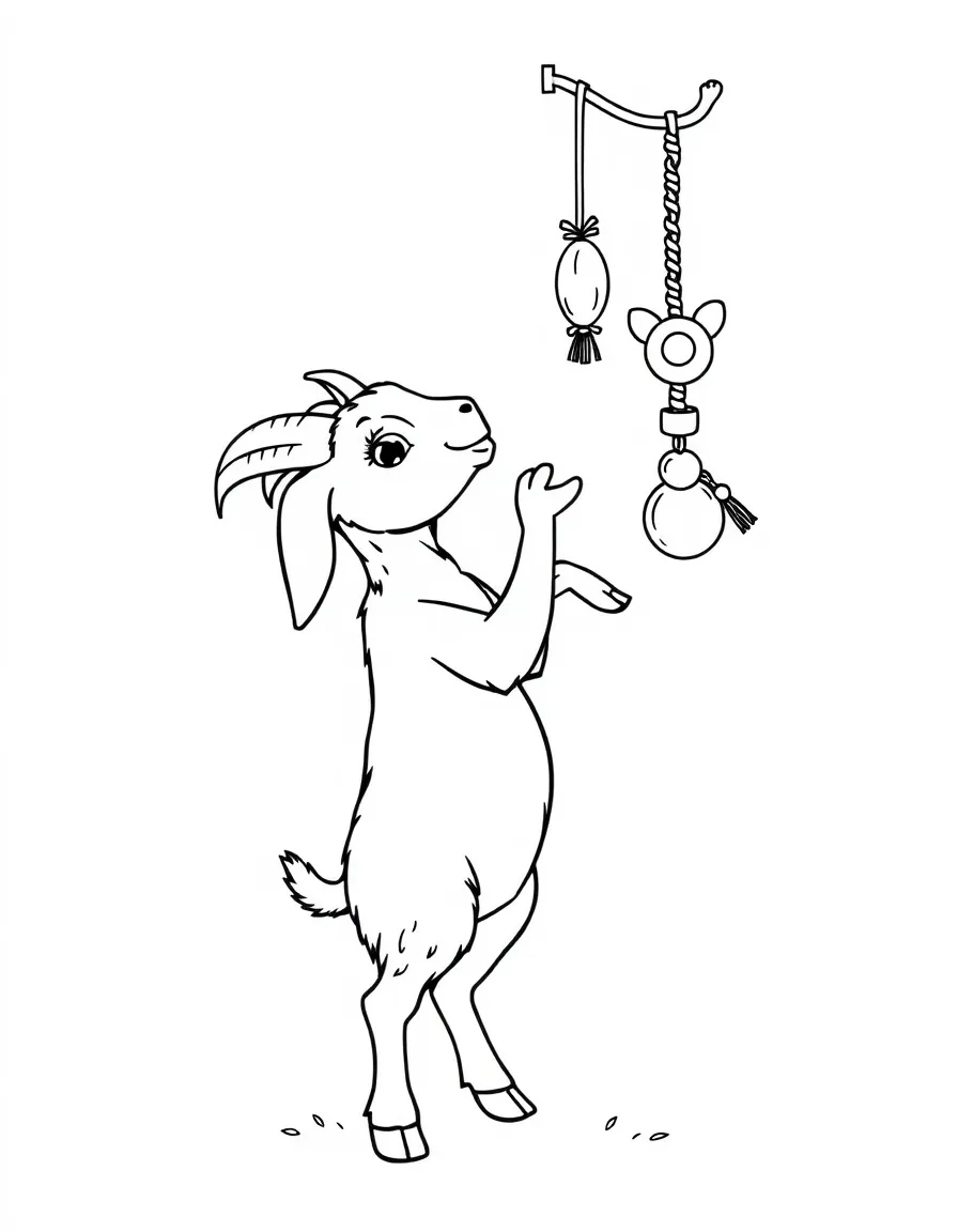 A goat standing on its hind legs to reach a hanging toy