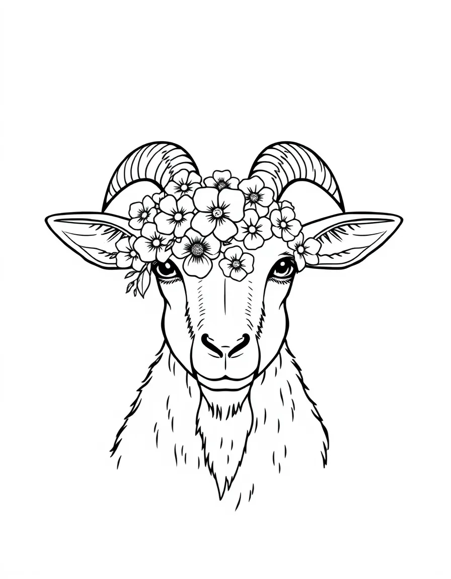 A goat with flowers woven between its horns