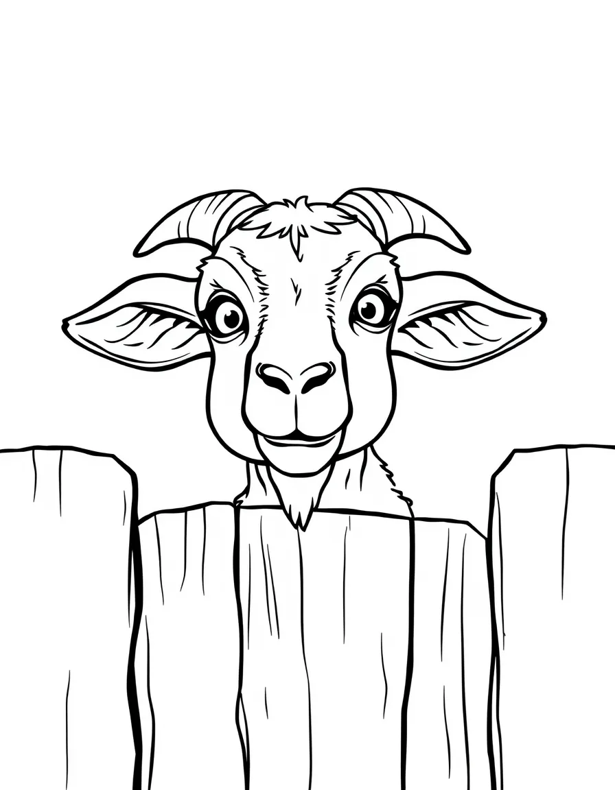 A goat peering over a wooden gate with mischievous eyes