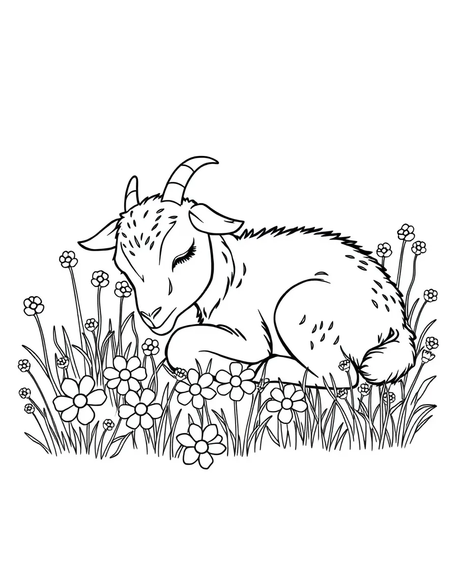 A young goat sleeping in a patch of wildflowers