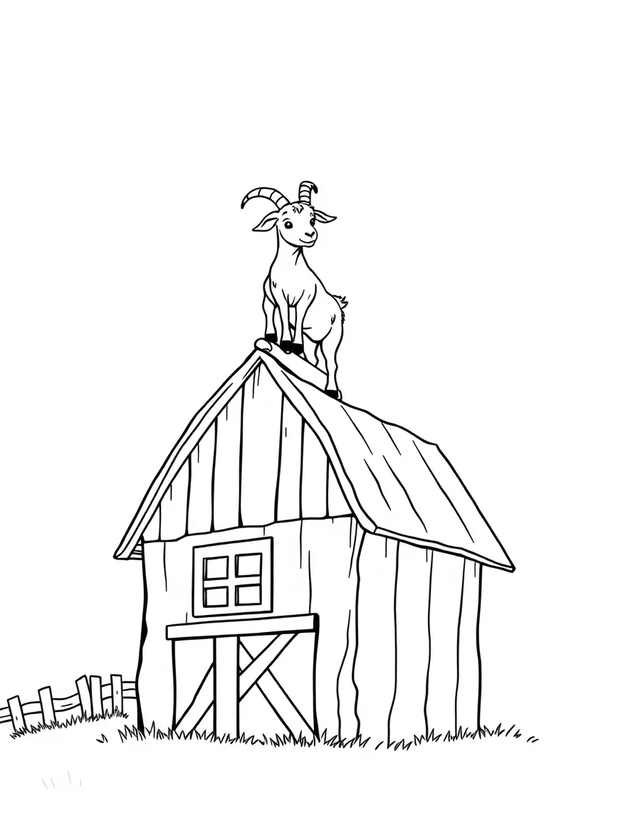 A goat standing on top of a farm building looking down
