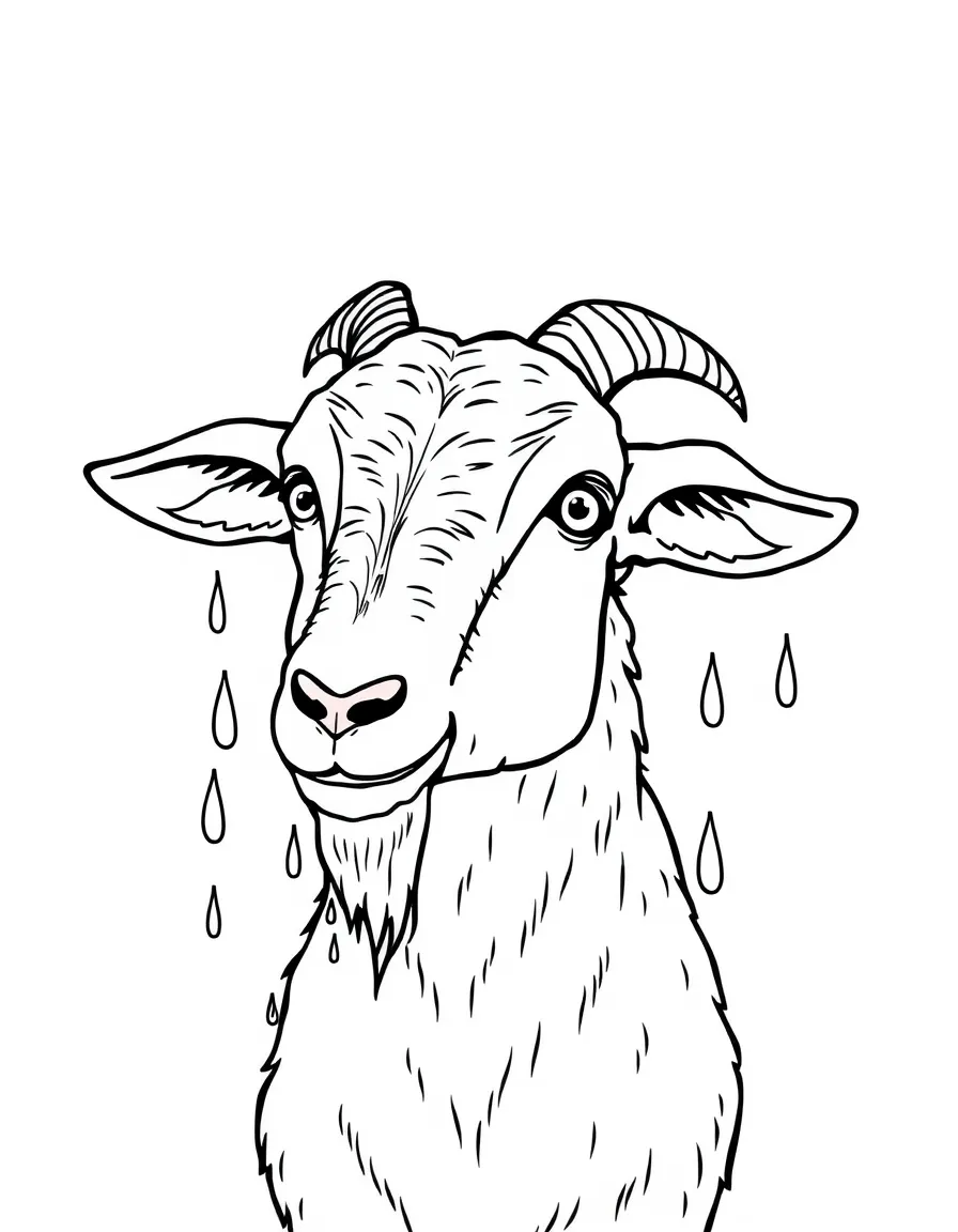 A goat with raindrops glistening on its fur after a shower