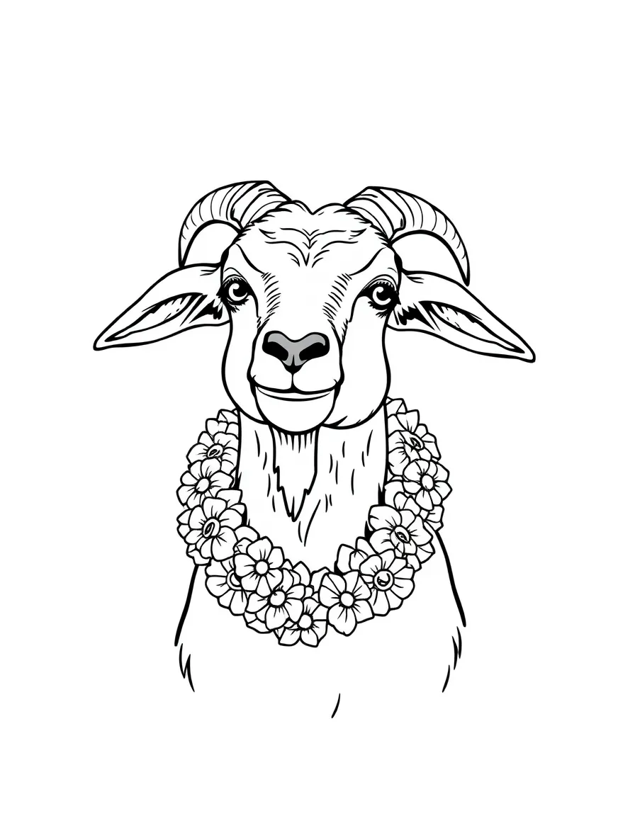 A goat wearing a flower garland around its neck for a festival