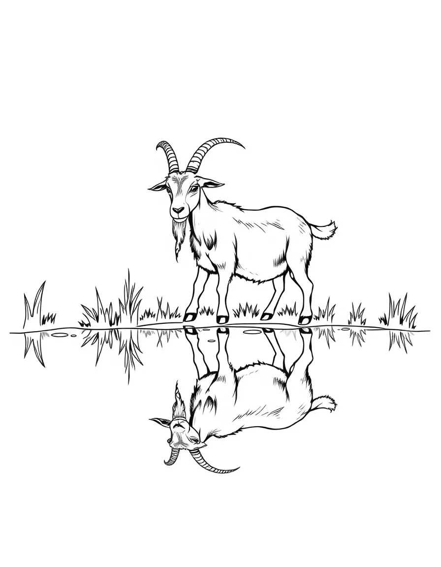 A goat contemplating its reflection in a still pond