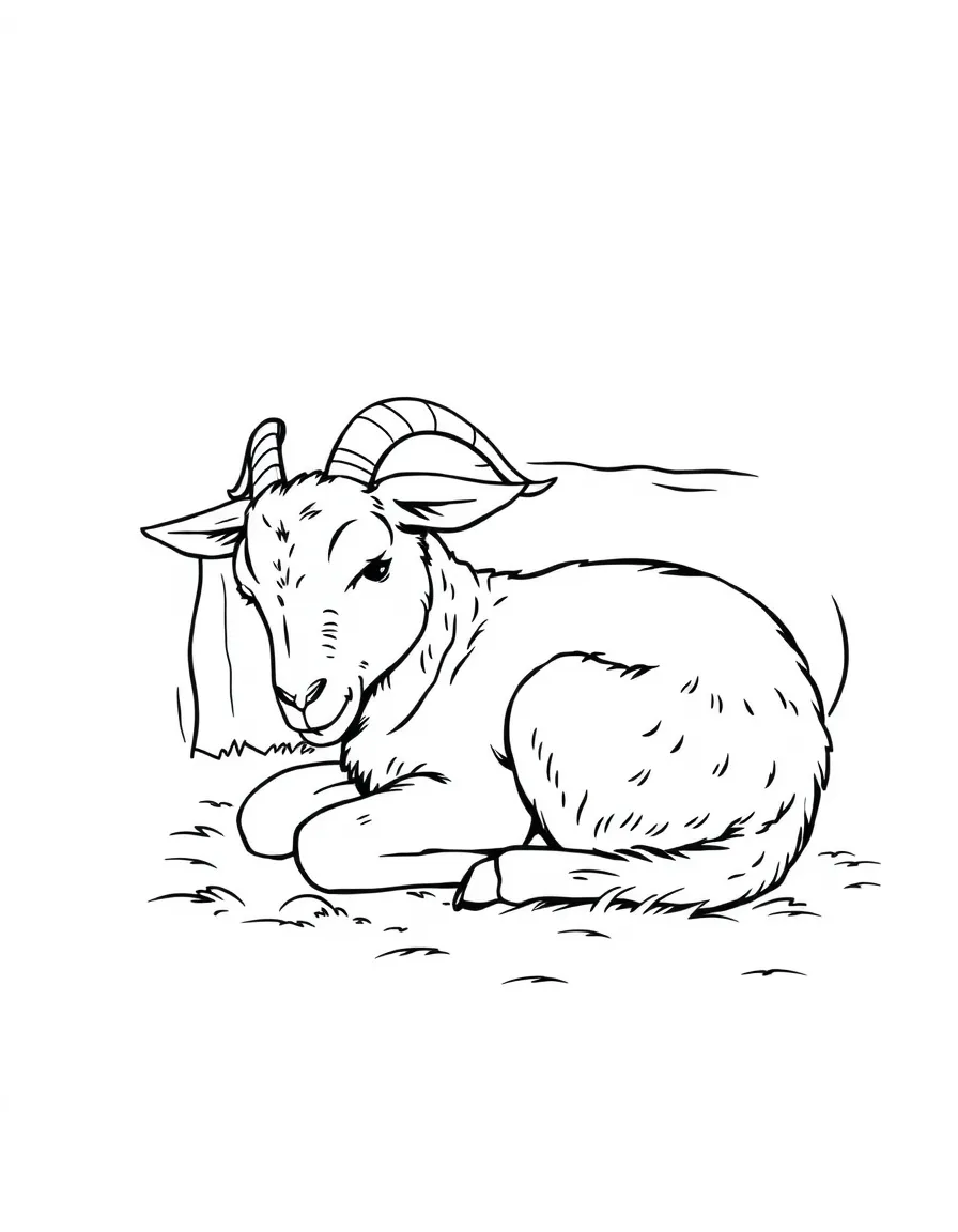 A goat curled up asleep in a beam of sunlight in the barn