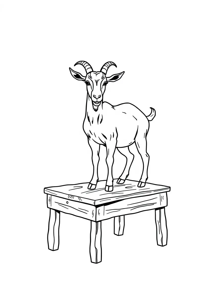 A goat standing on a wooden table that clearly isn't meant for goats