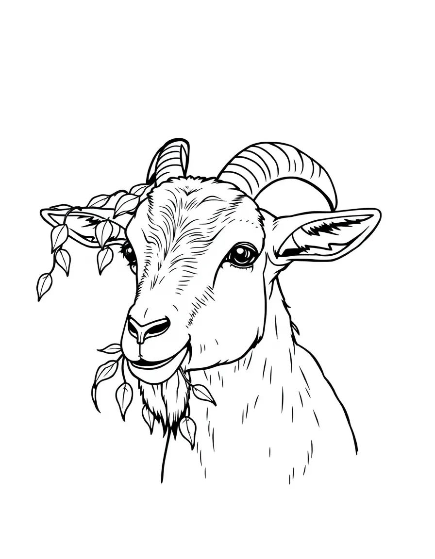 A goat with leaves caught in its horns after browsing