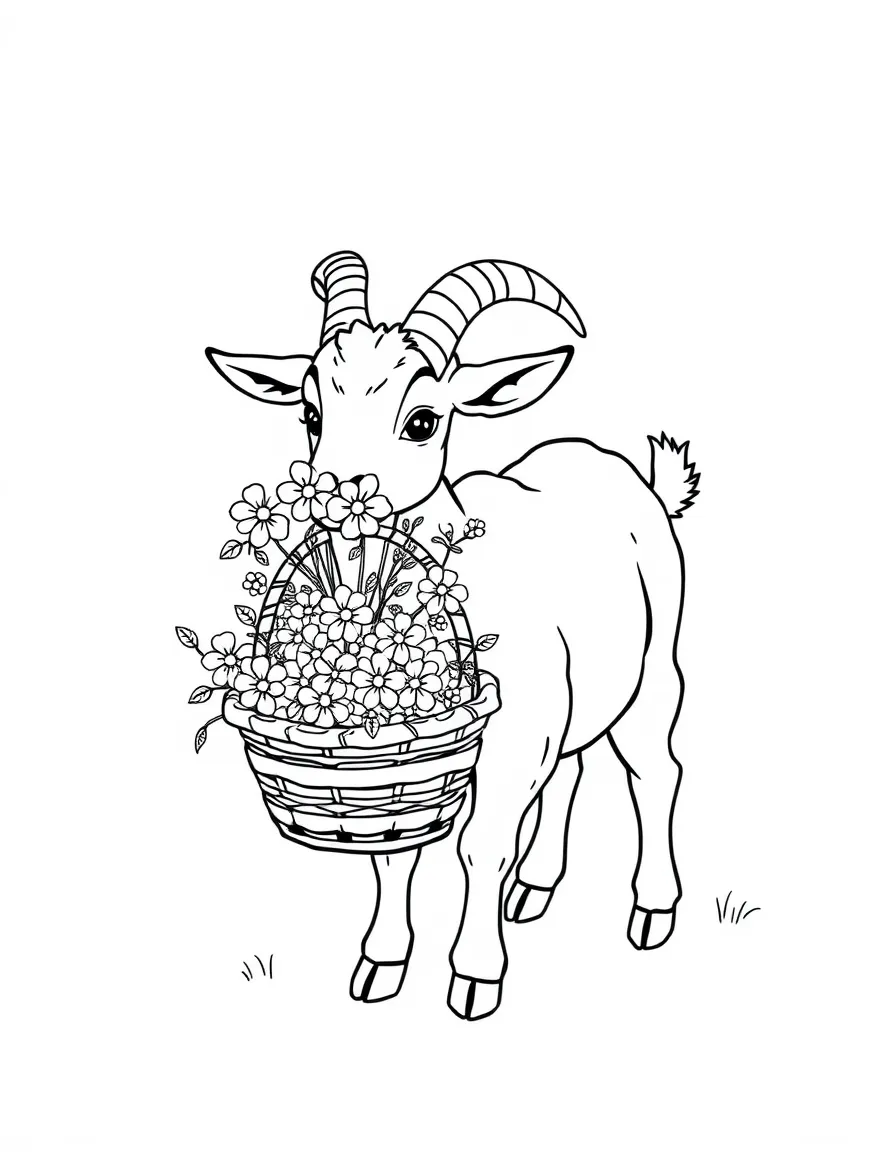 A goat carrying a small basket of flowers in its mouth