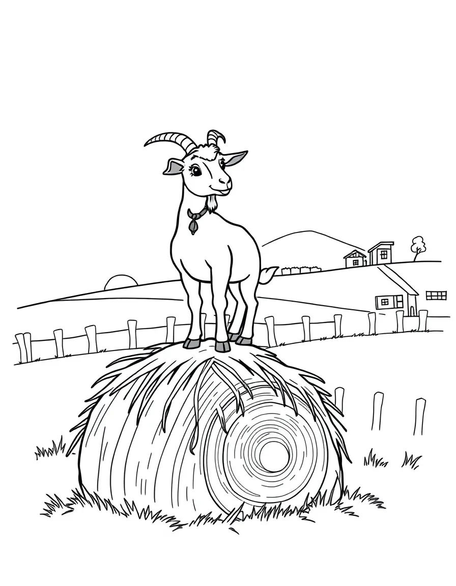 A goat standing on a hay bale surveying the farm