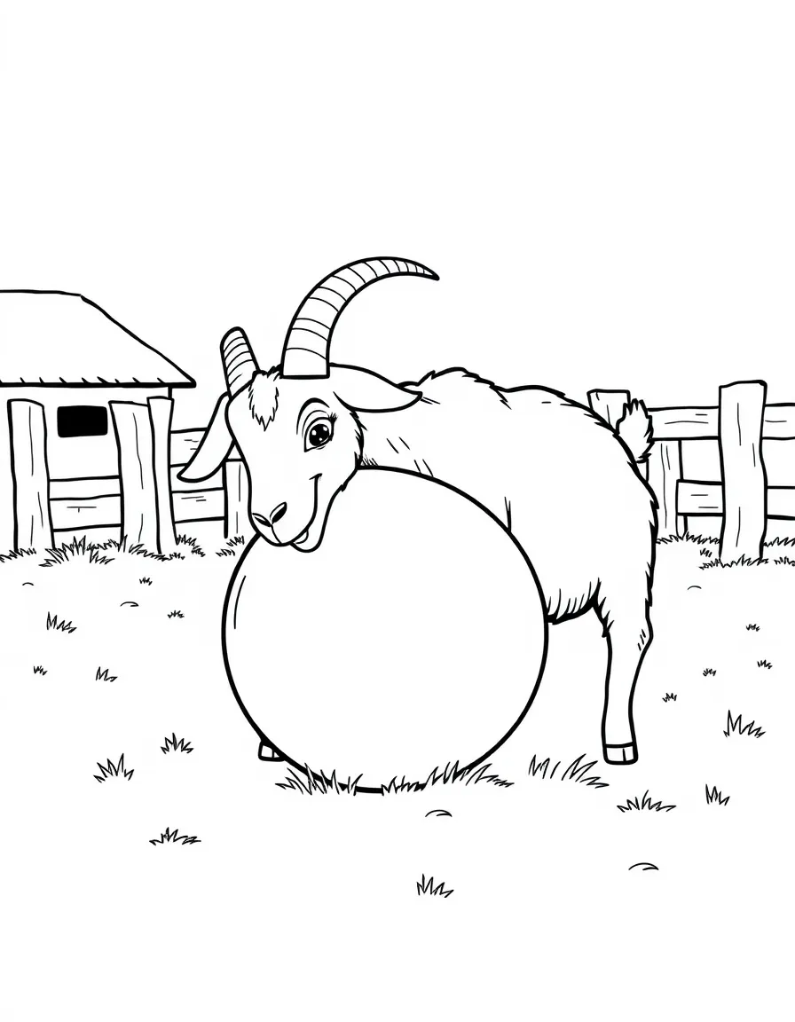 A goat headbutting a large ball in the farmyard