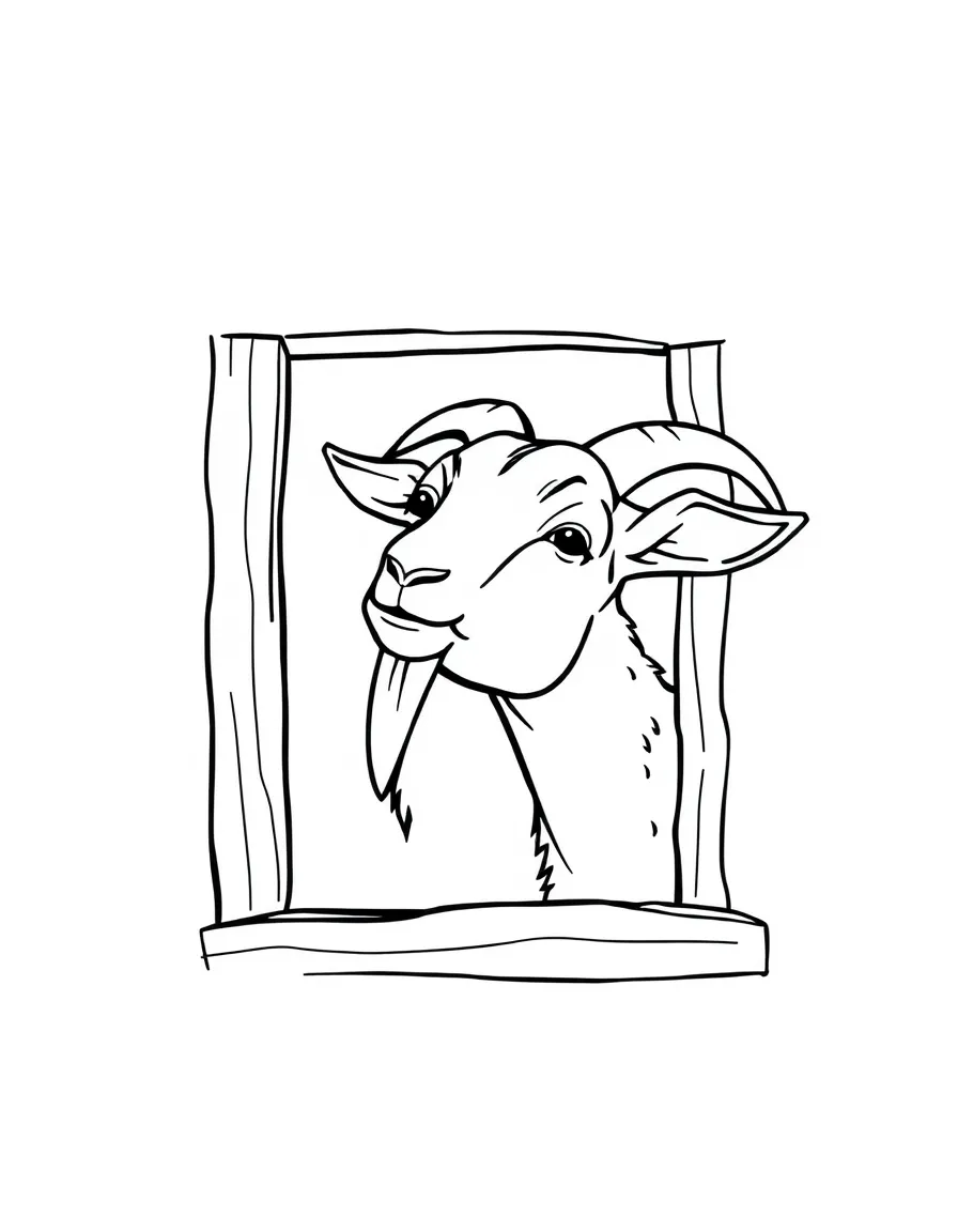 A goat looking out a barn window with its head tilted