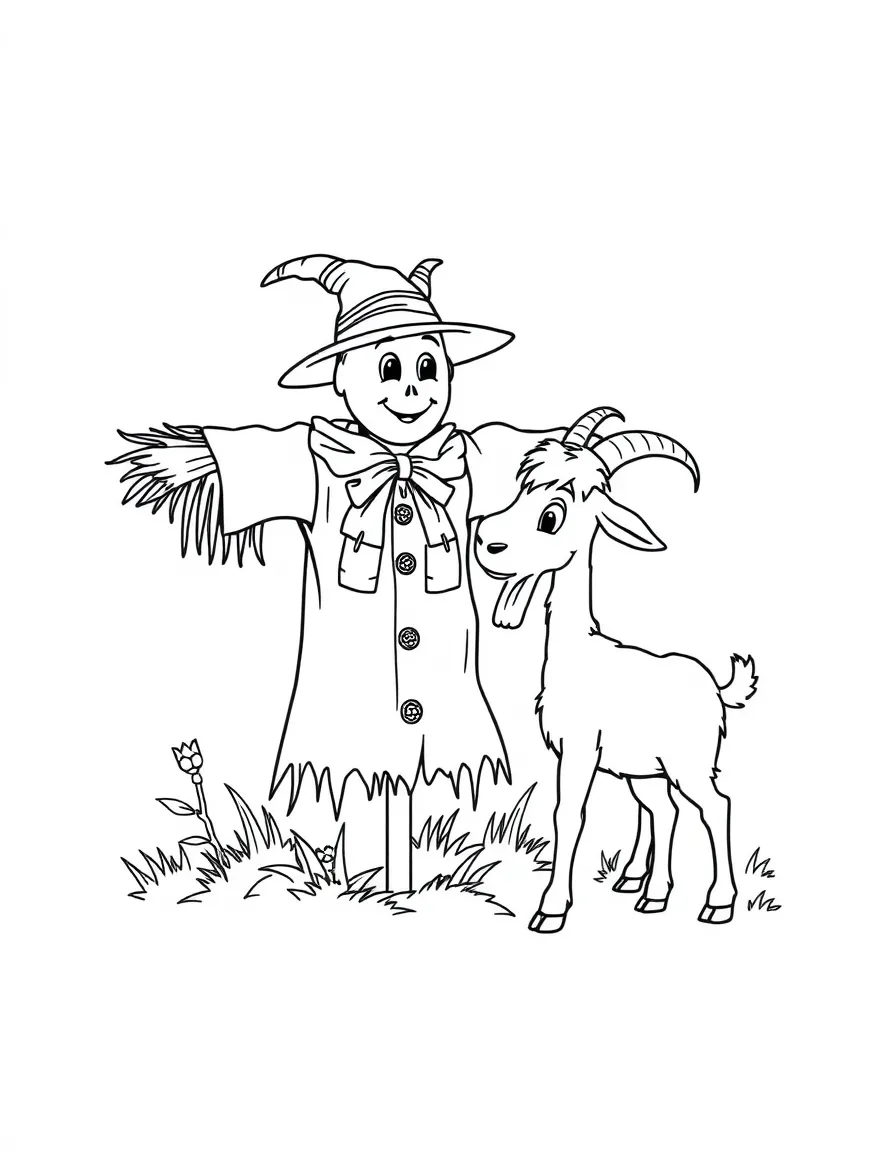 A goat investigating a scarecrow with curiosity