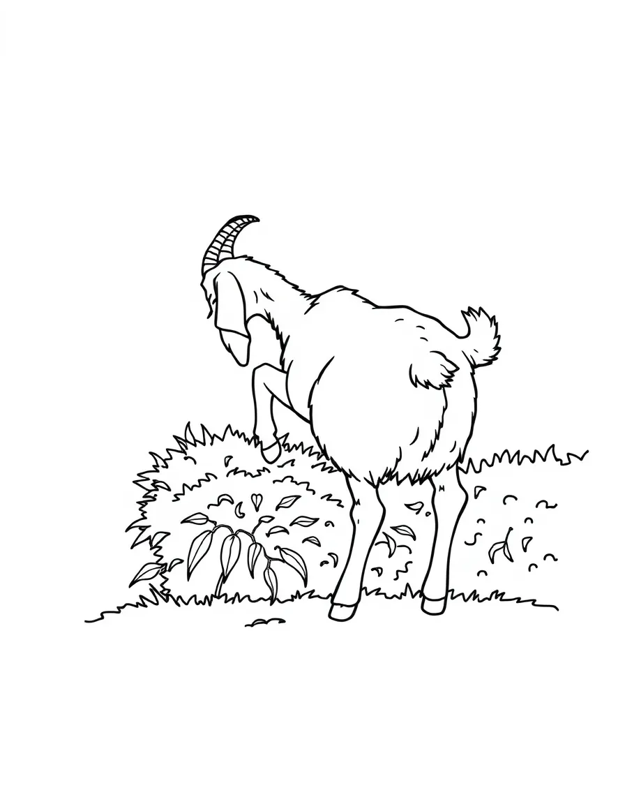 A goat browsing on a hedge with just its back legs visible