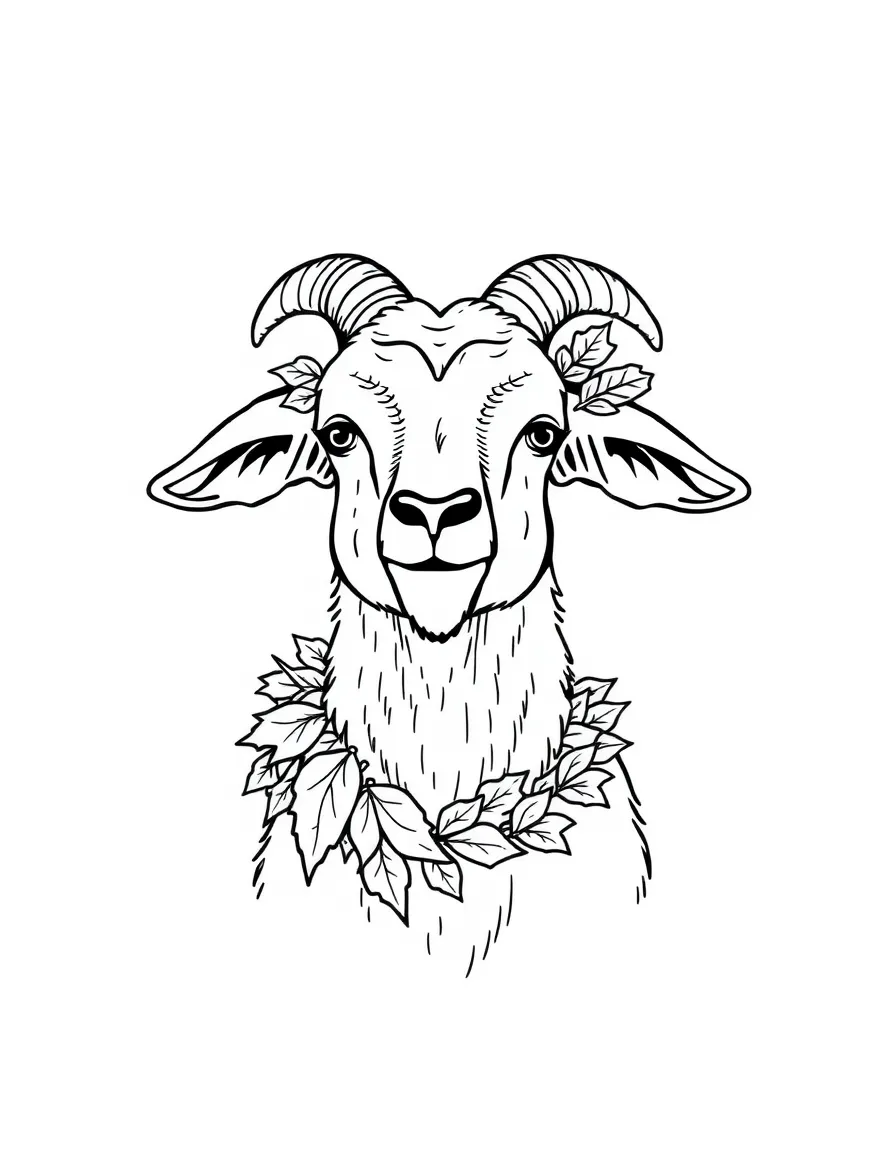 A goat with a wreath of autumn leaves around its neck