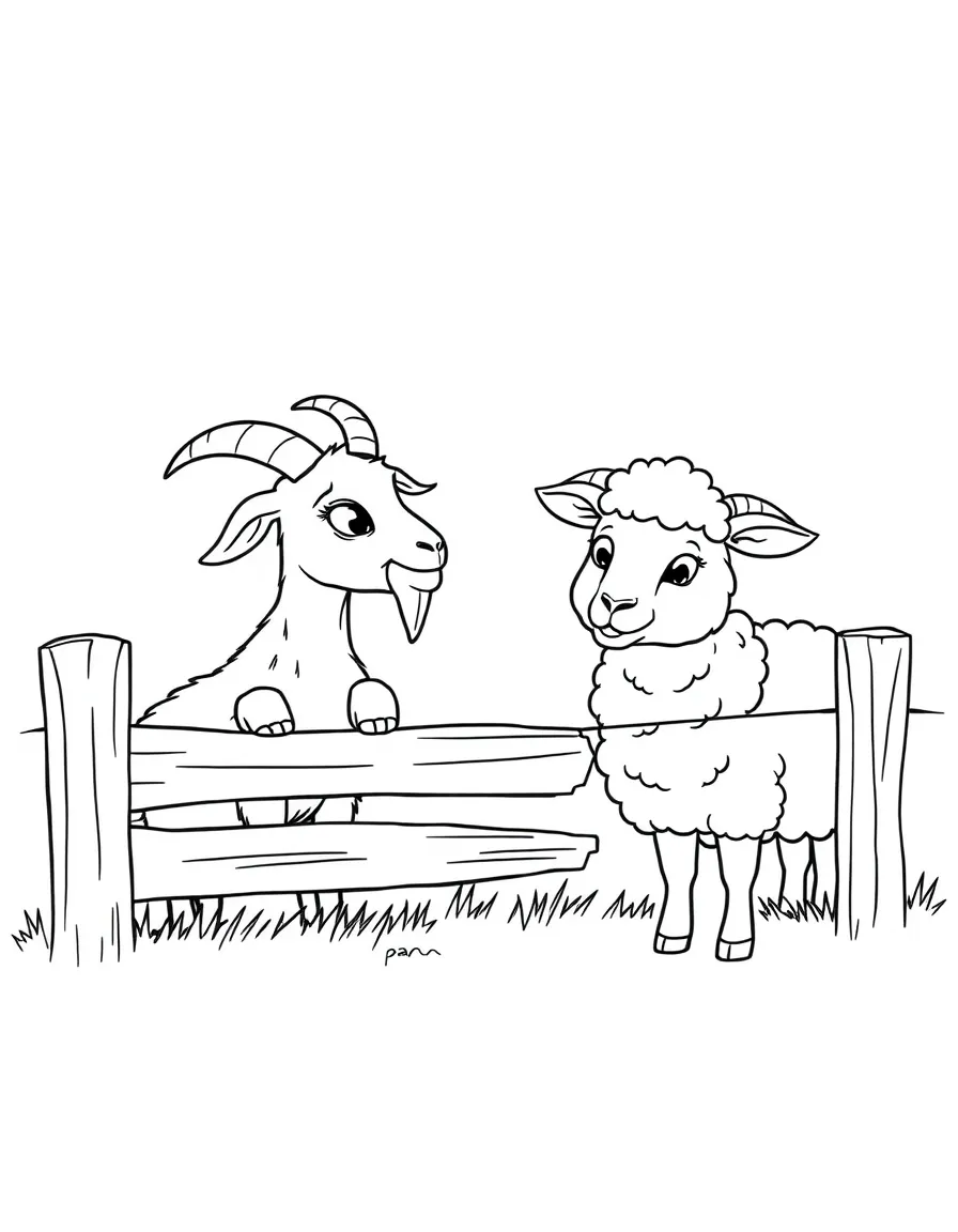 A goat meeting a sheep across a fence with curious expressions