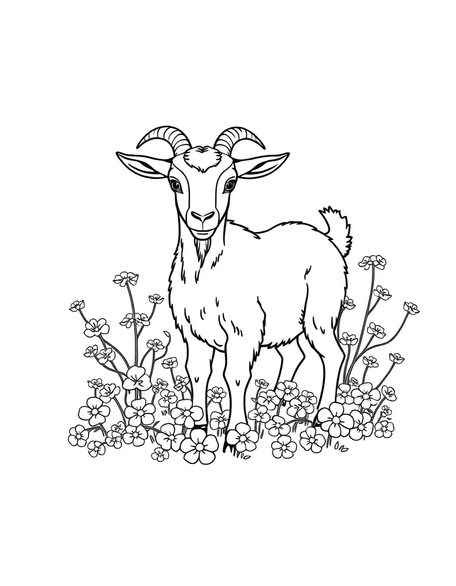 A goat standing in a patch of clover with flowers all around