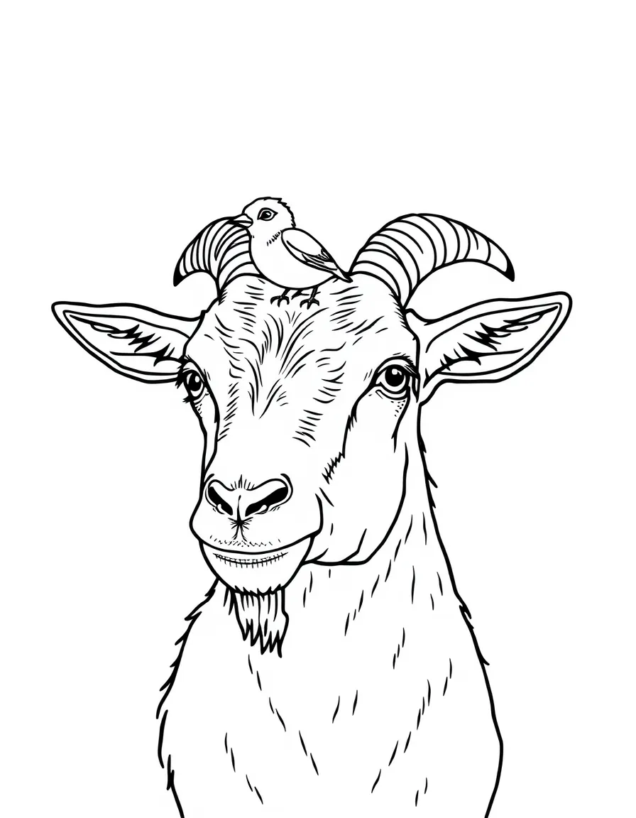 A goat with a small bird perched between its horns