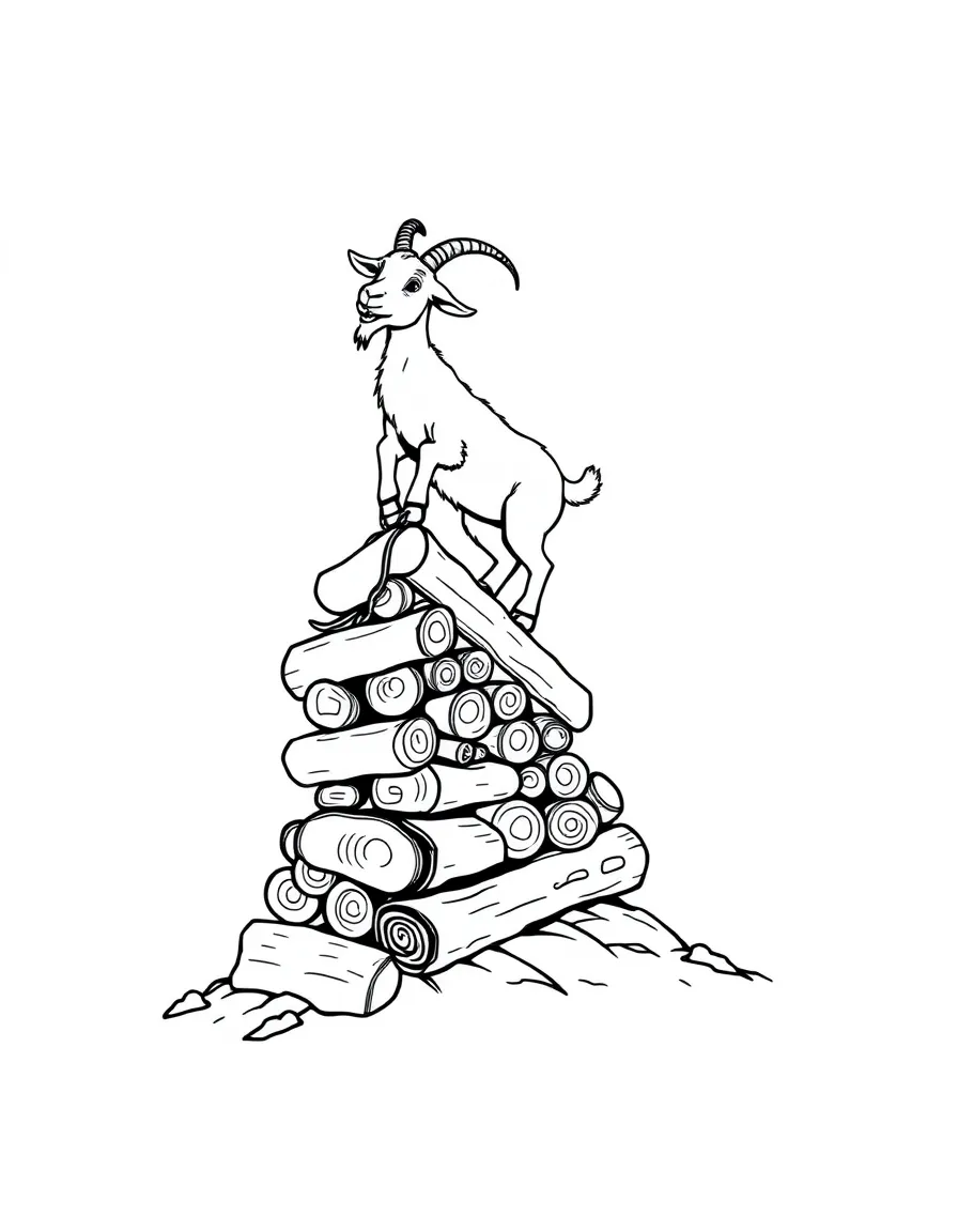 A goat balancing precariously on a stack of firewood