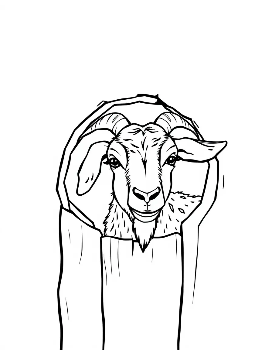 A goat looking through a knothole in a wooden fence