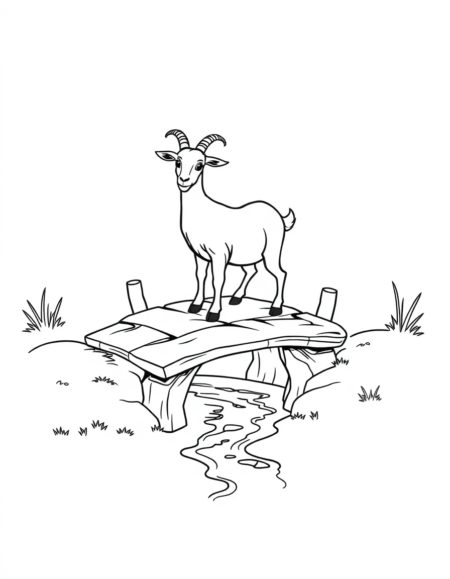 A goat standing on a wooden bridge crossing a small stream