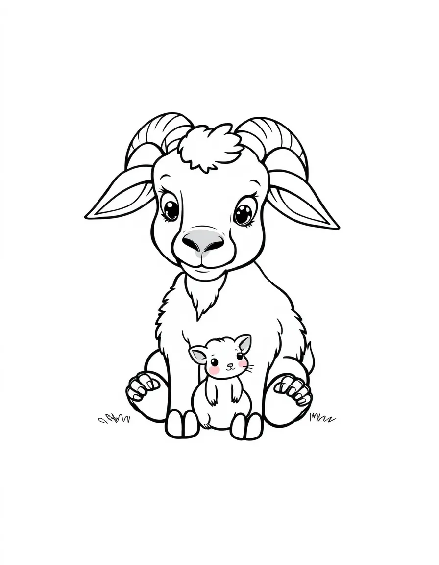 A goat with a small mouse friend sitting between its hooves
