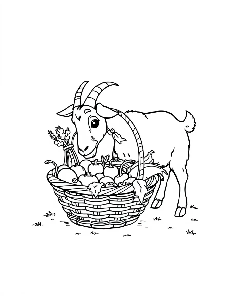 A goat investigating a basket of freshly harvested vegetables