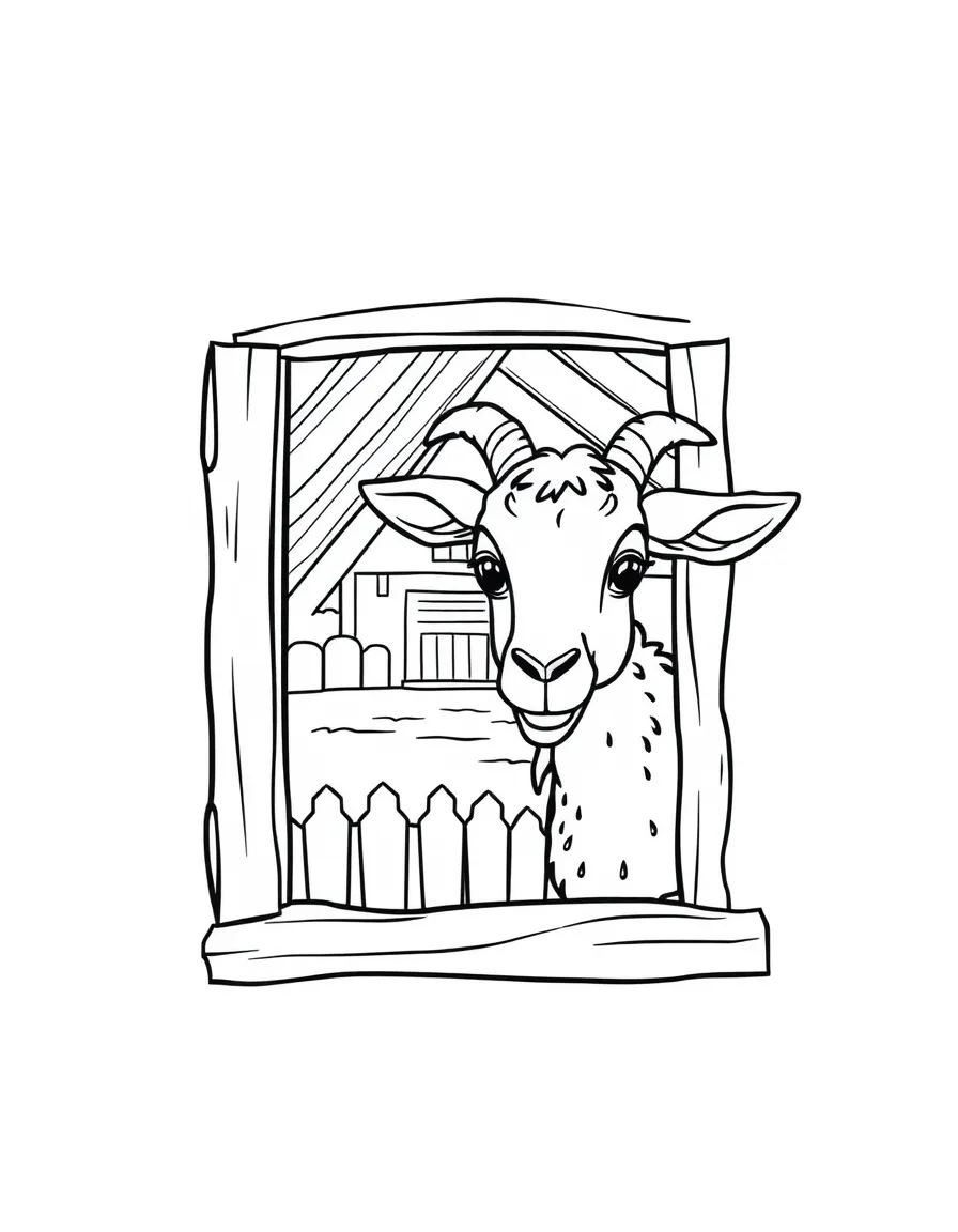 A goat peering inside a farmhouse window with curiosity