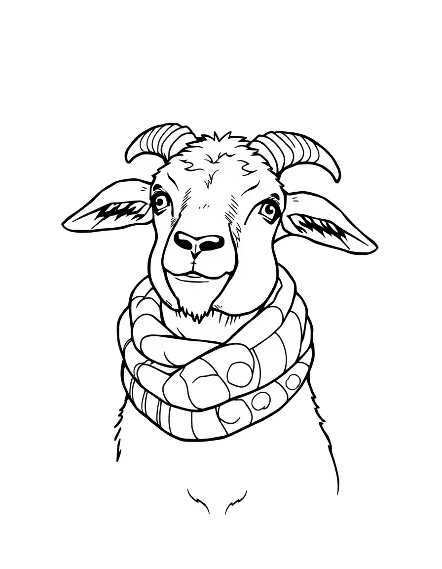 A goat wearing a winter scarf wrapped around its neck