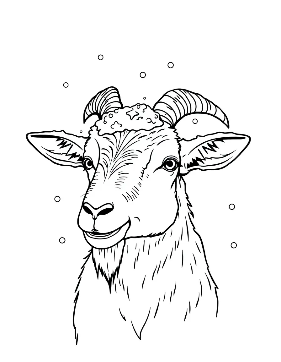 A goat with snowflakes catching on its fur and horns