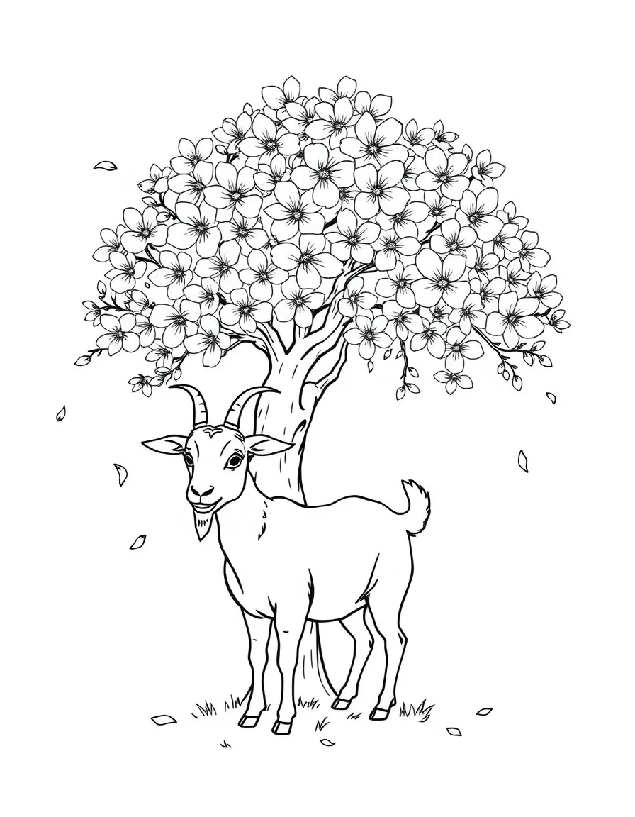 A goat standing beneath a blooming cherry tree with petals falling