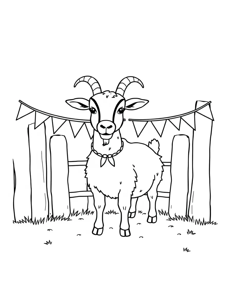 A goat in a pen decorated with bunting for a farm celebration