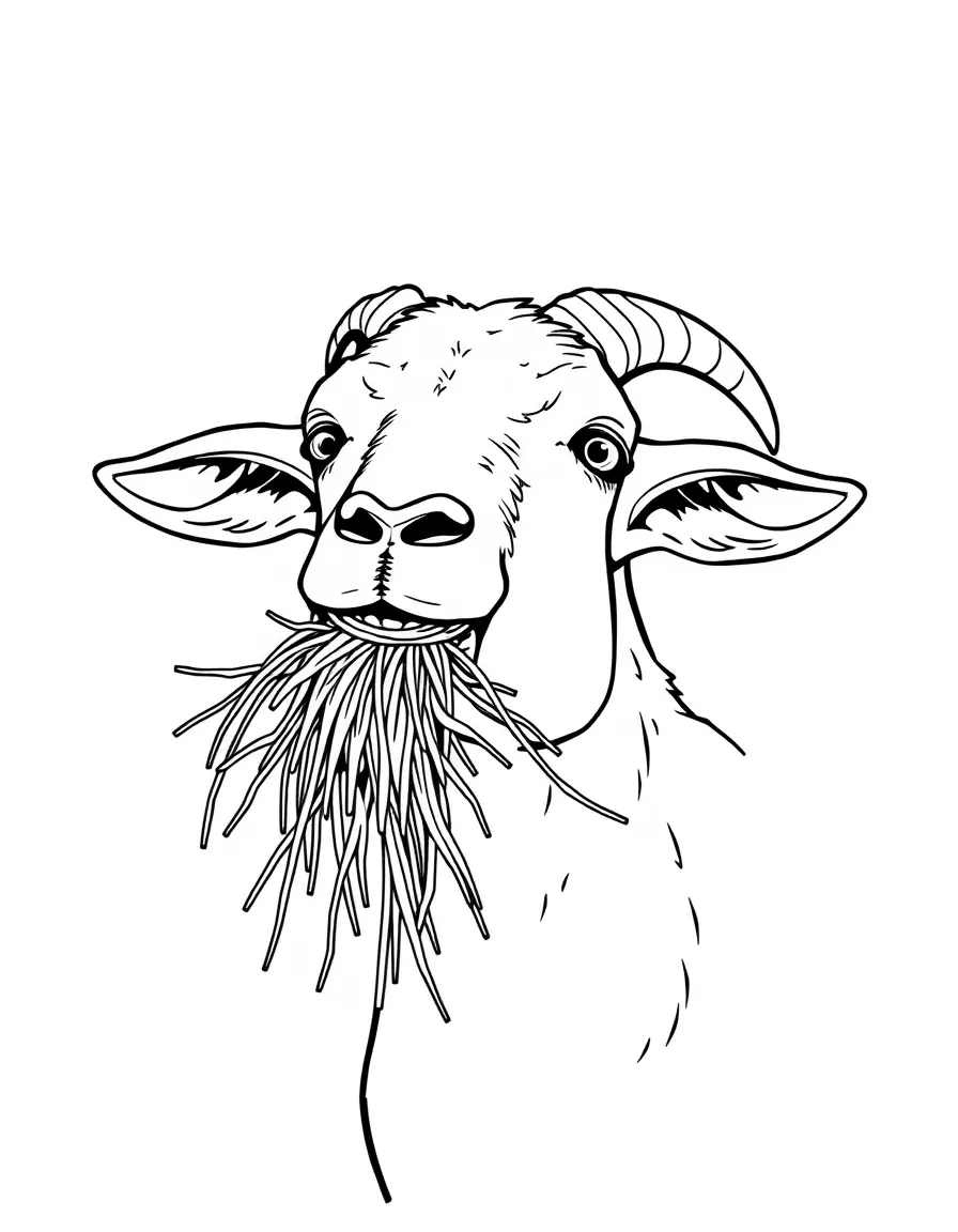 A goat with hay sticking out of its mouth mid-chew