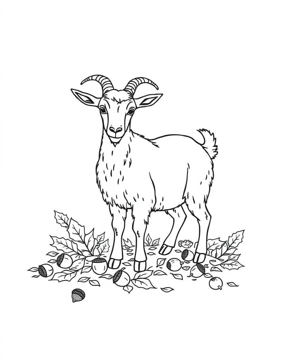 A goat standing amid fallen autumn leaves and acorns
