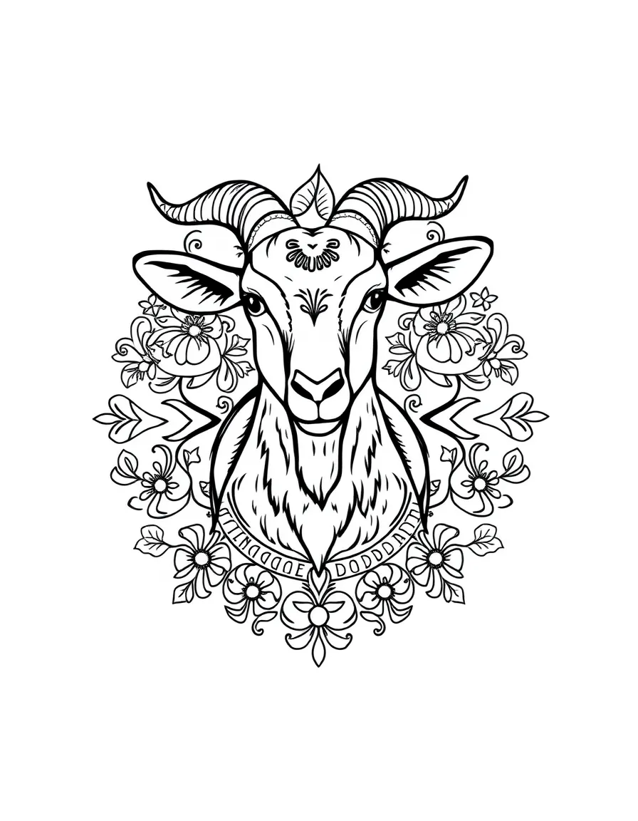 A goat with elaborate folk art patterns surrounding it