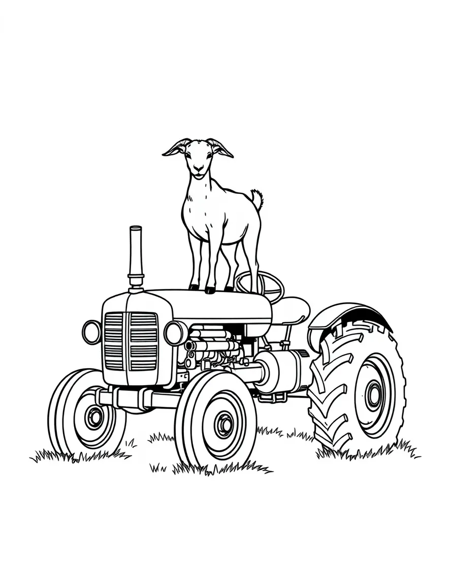 A goat standing on top of an old-fashioned tractor