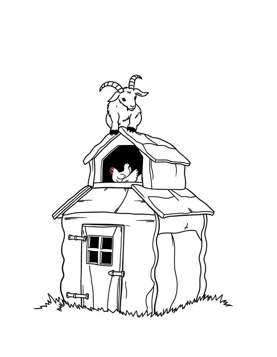 A goat perched on top of a chicken coop looking down
