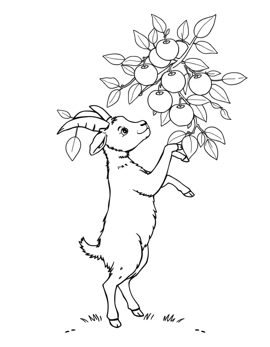 A goat standing on hind legs to reach apples in a tree