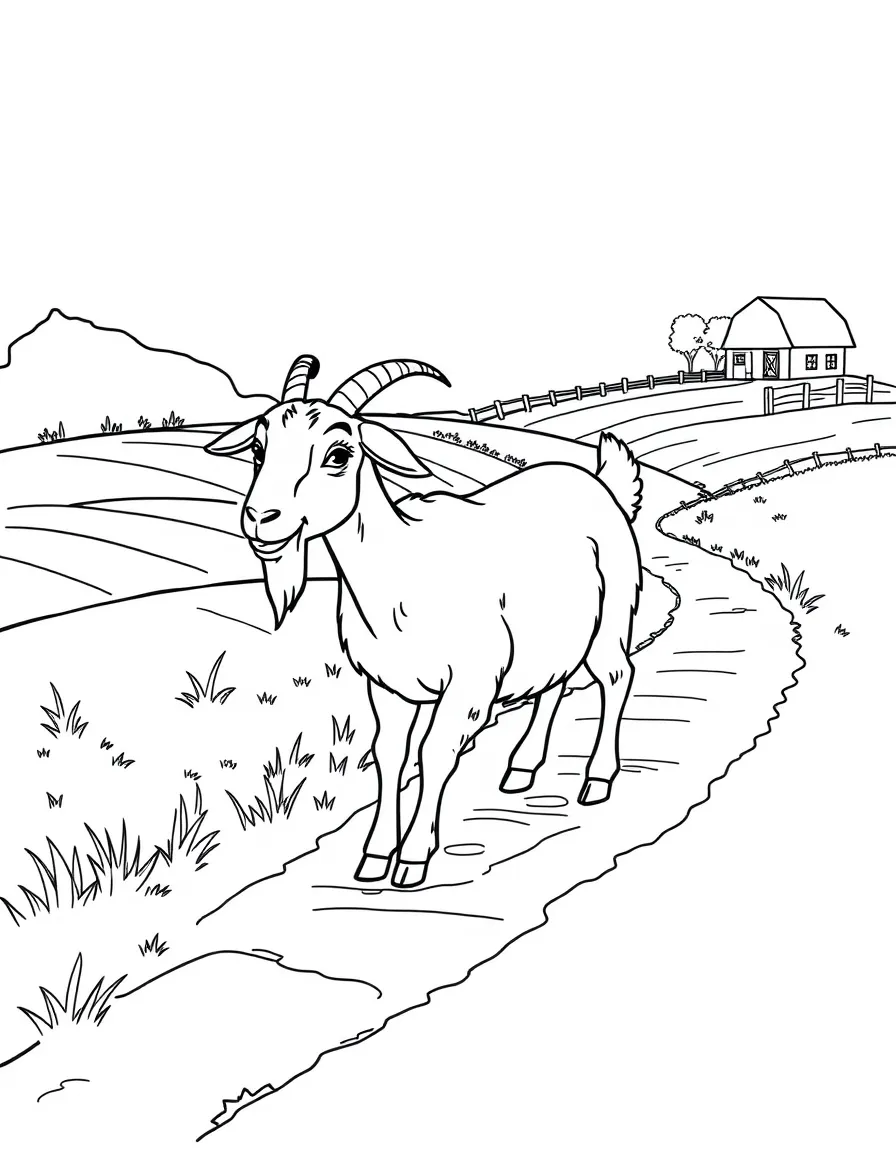 A goat trotting along a winding path through the farm