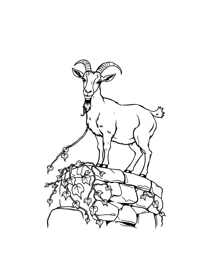 A goat standing on a stone wall with ivy growing around it