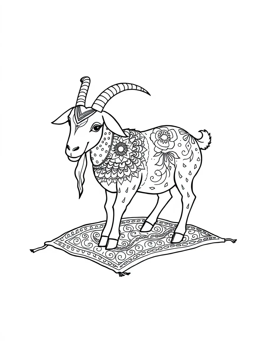 A goat with intricate patterns on a blanket beneath it