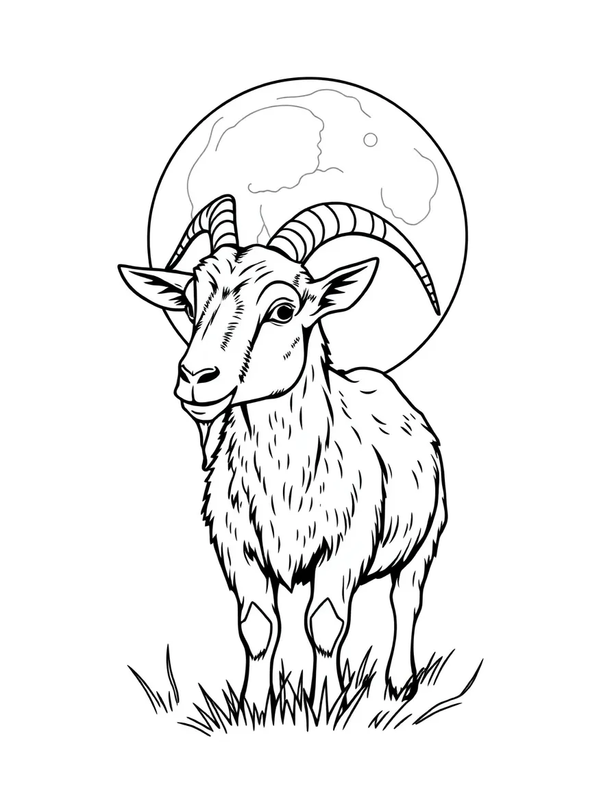 A goat with a harvest moon rising behind its silhouette