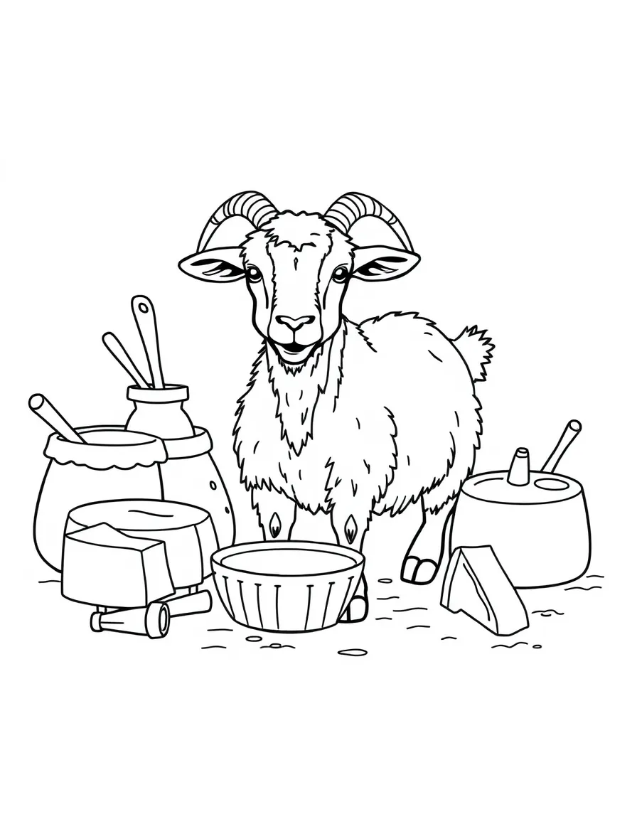A goat surrounded by cheese-making equipment