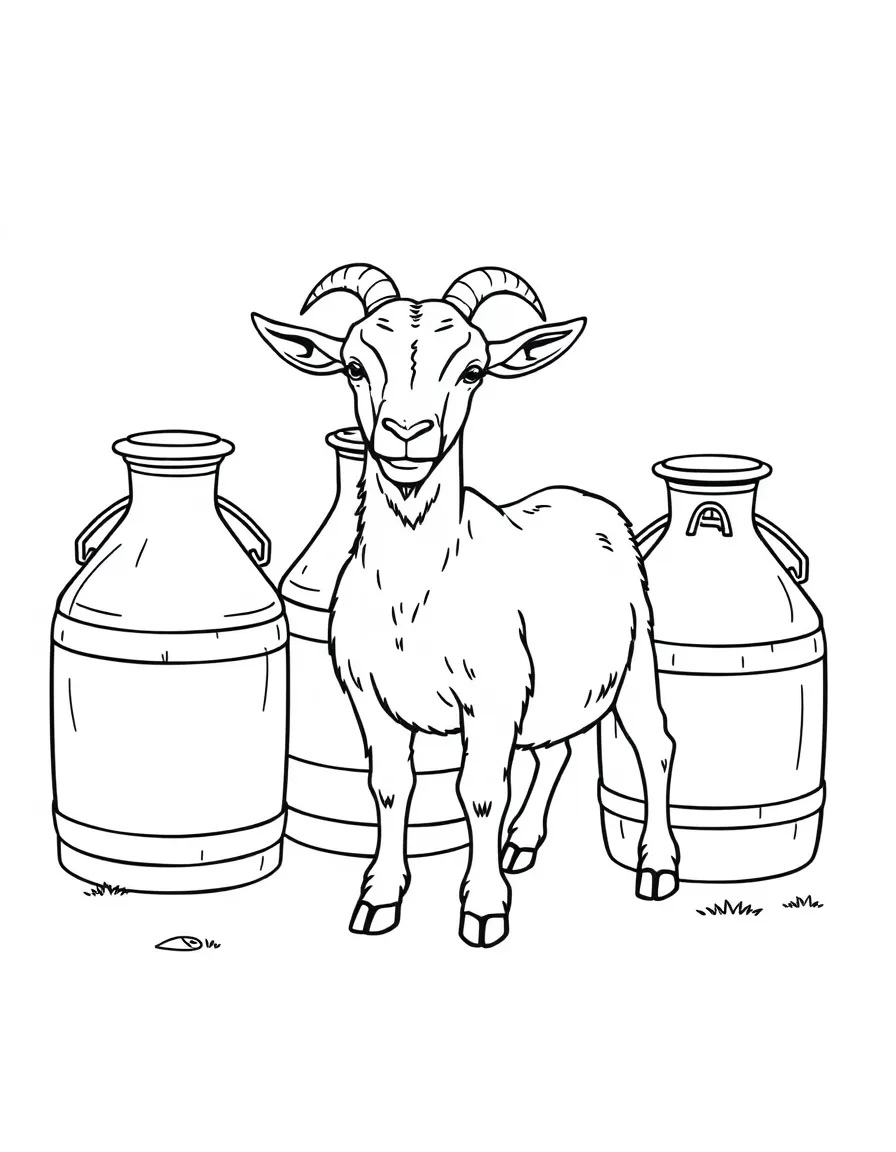 A goat standing beside antique milk containers