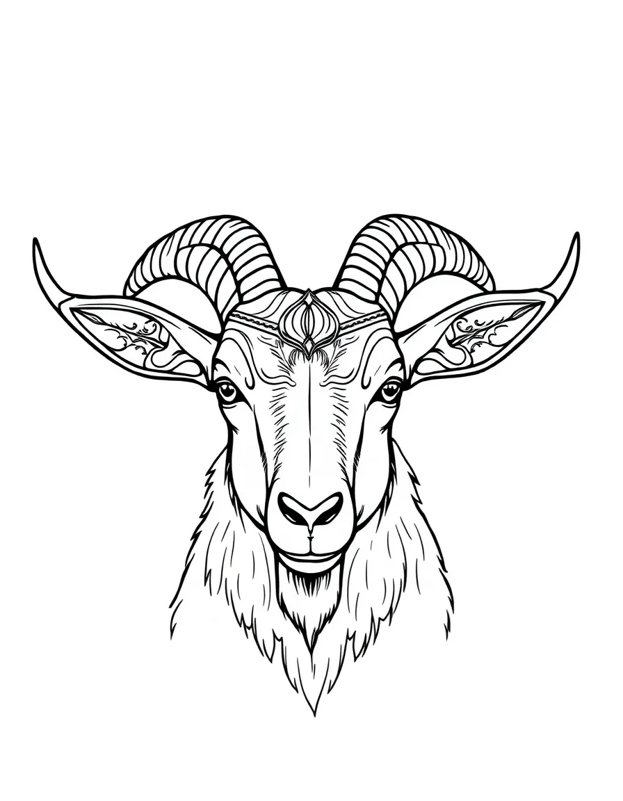 A goat with intricate horn designs emphasized